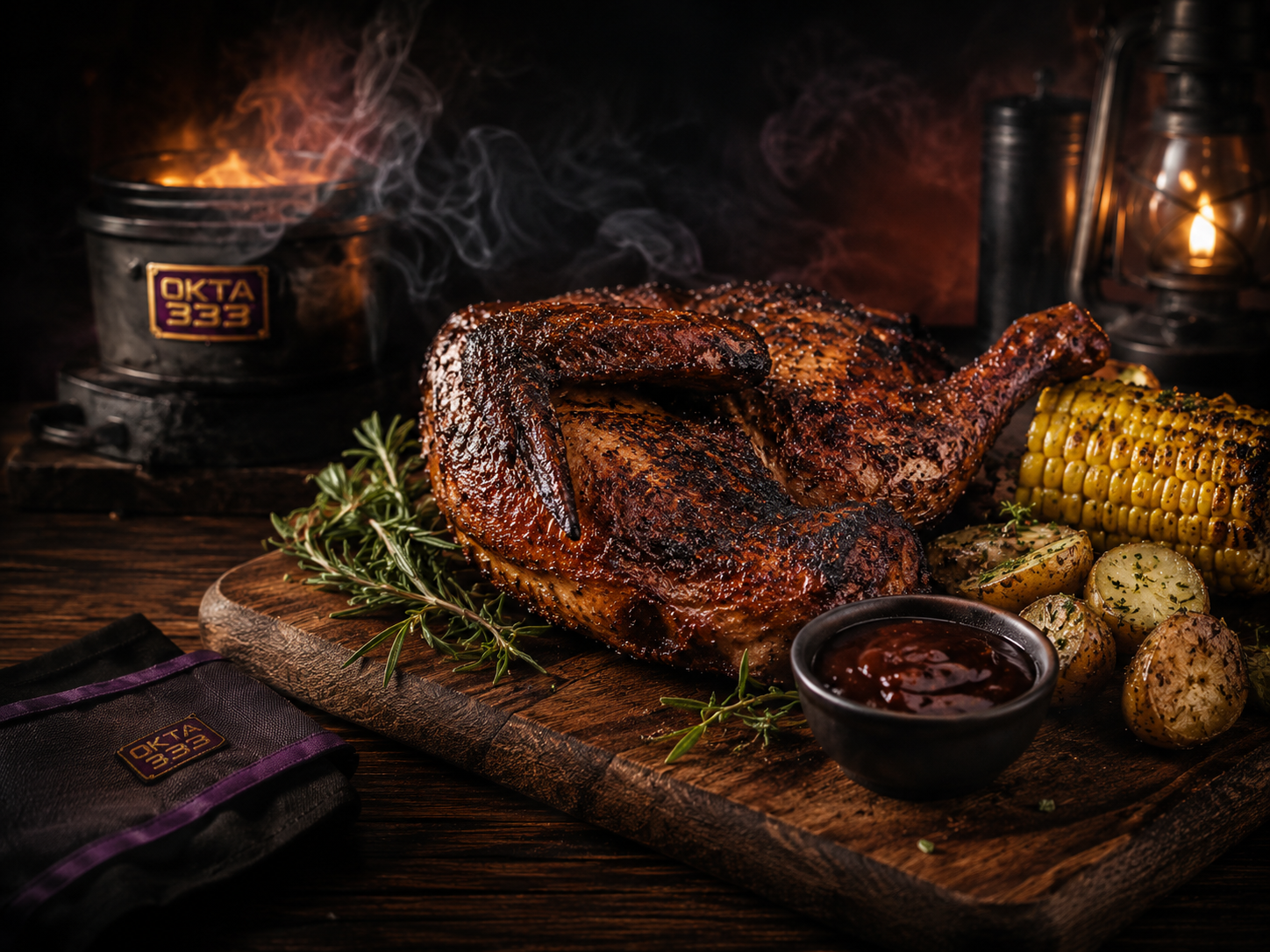 Smoked chicken dengan jagung bakar, kentang, dan saus barbeque