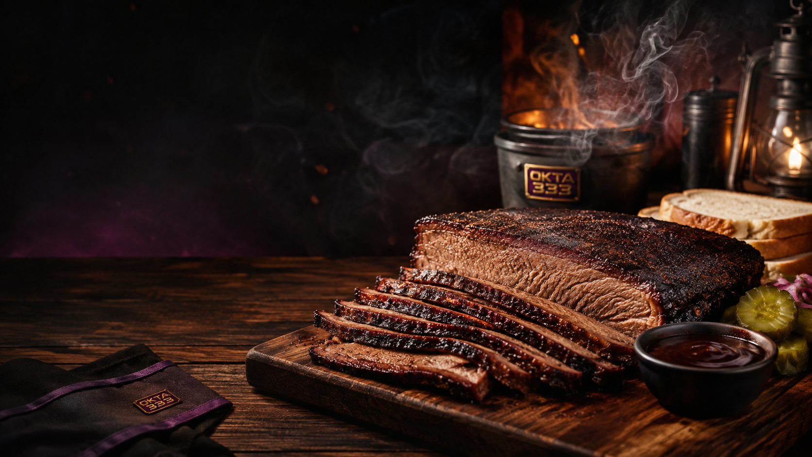 Smoked beef brisket OKTA333 di atas papan kayu dengan saus barbeque, acar, roti, dan suasana smokehouse